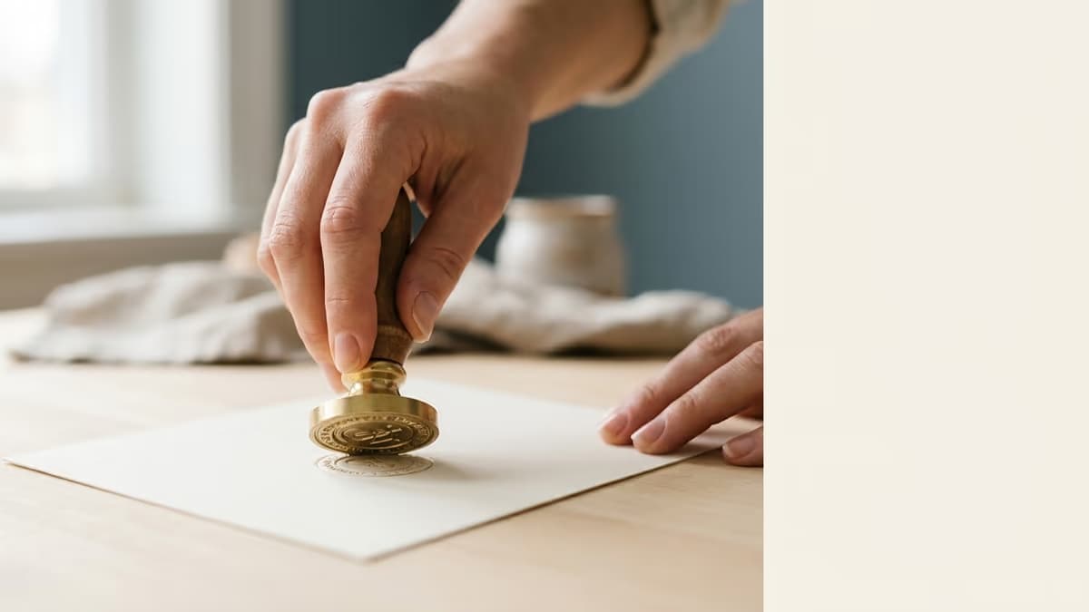 Hands pressing a brass stamp onto a clean sheet of paper at a wooden desk, representing officially enrolling and protecting a registered brand