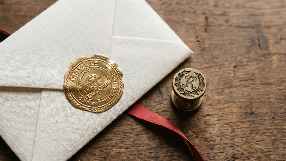 An embossed apostille seal pressed onto a folded linen envelope beside an antique brass wax stamp, shot from overhead, muted walnut brown and gold palette
