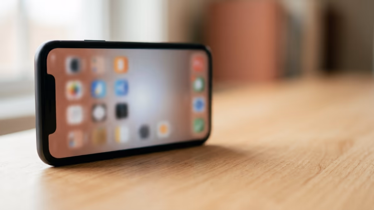 A single smartphone resting on a clean desk with blurred app icons, representing a developer account profile and the address details it displays