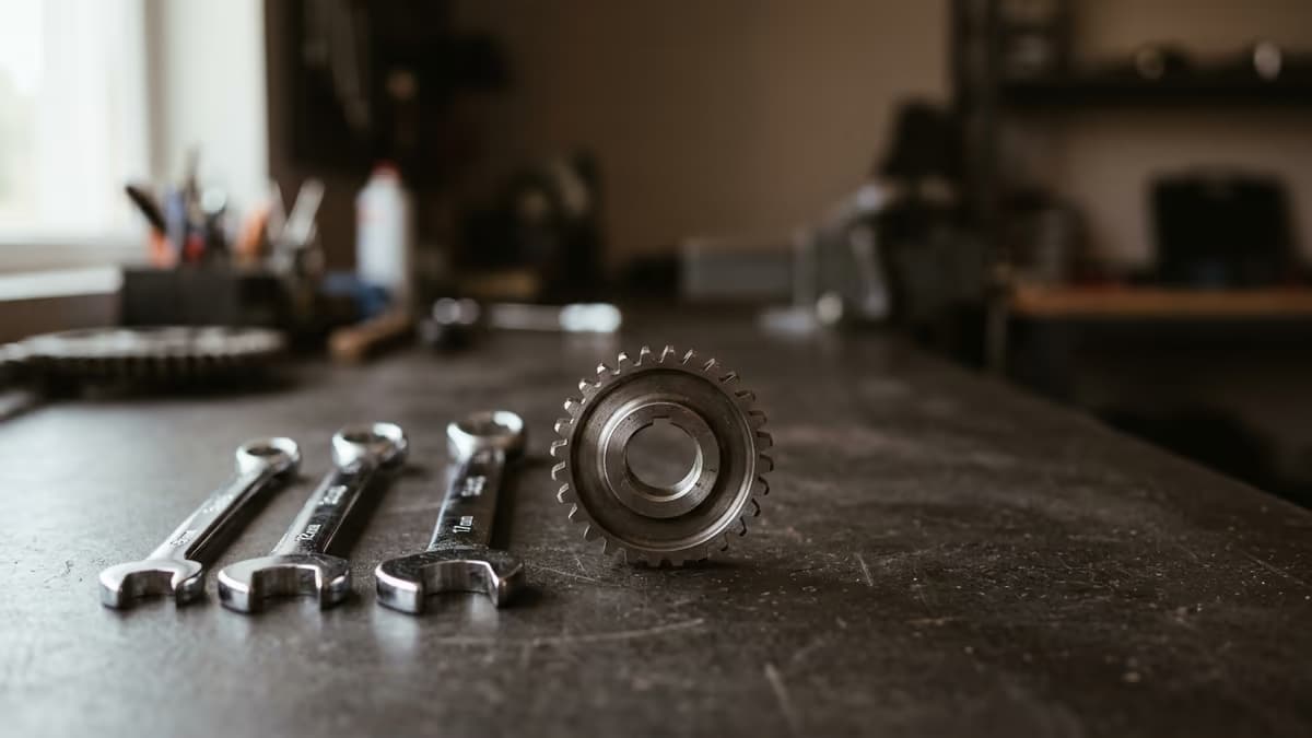 Chrome wrenches arranged beside a single metal gear on a dark workshop bench, symbolizing an auto repair business