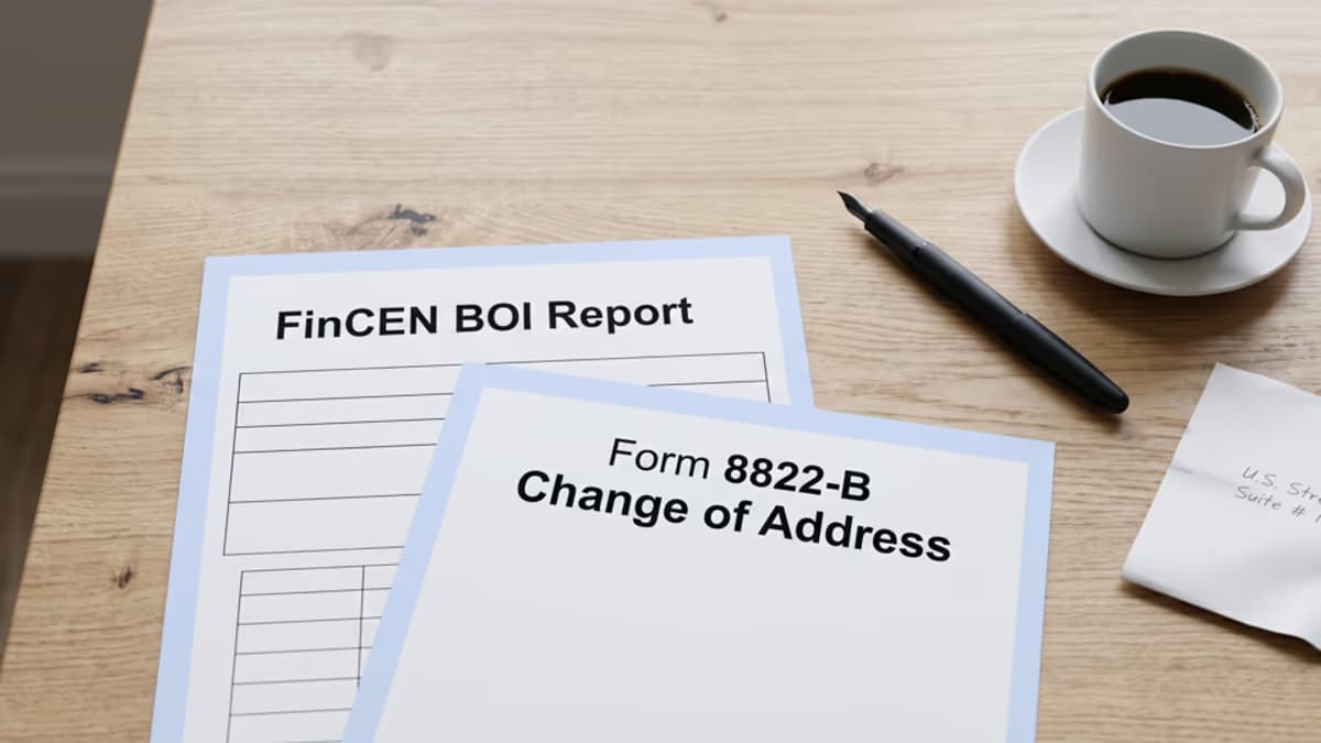A FinCEN BOI Report form on a desk next to a Form 8822-B and a virtual office address slip, with a fountain pen and a coffee cup nearby