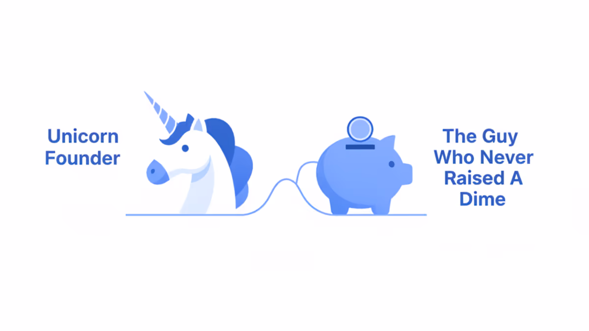Flat illustration of a unicorn head facing a piggy bank, labeled Unicorn Founder and The Guy Who Never Raised a Dime, connected by a single thread