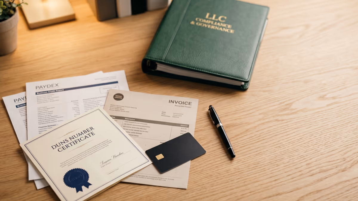 Stack of business credit reports, a DUNS number certificate, and a Net 30 vendor invoice on a desk under warm light, suggesting a US LLC building business credit through a commercial address