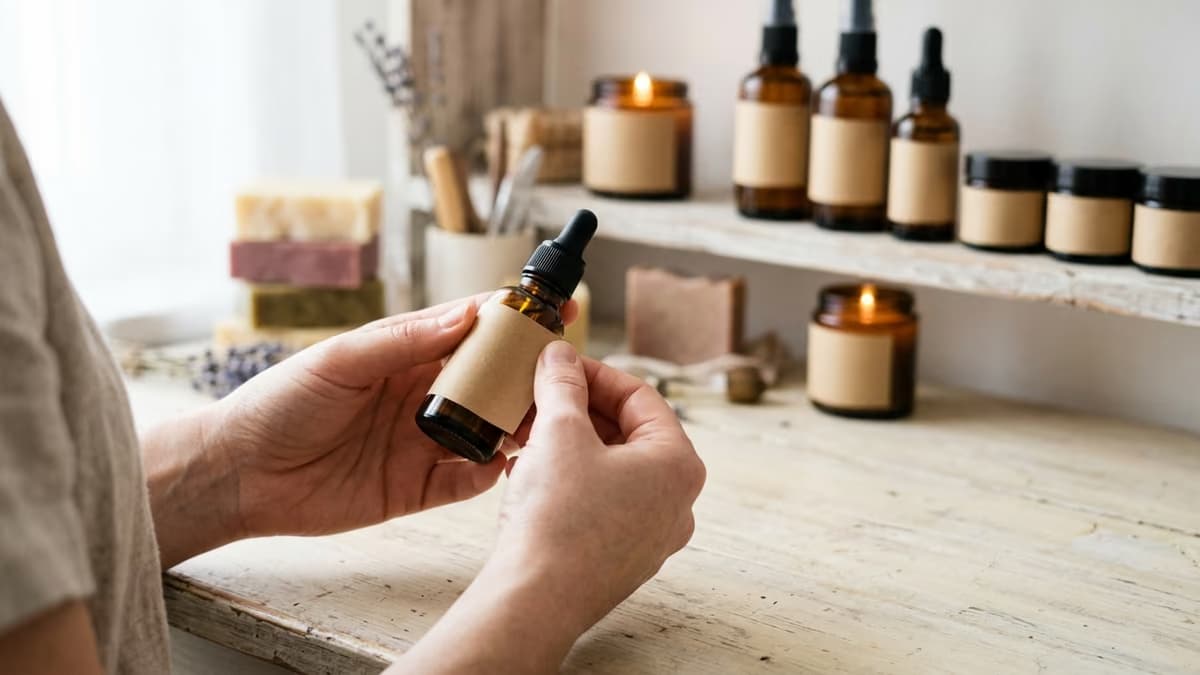 Hands pressing a blank label onto a small amber glass bottle in a home skincare studio, with finished bottles lined on a shelf behind