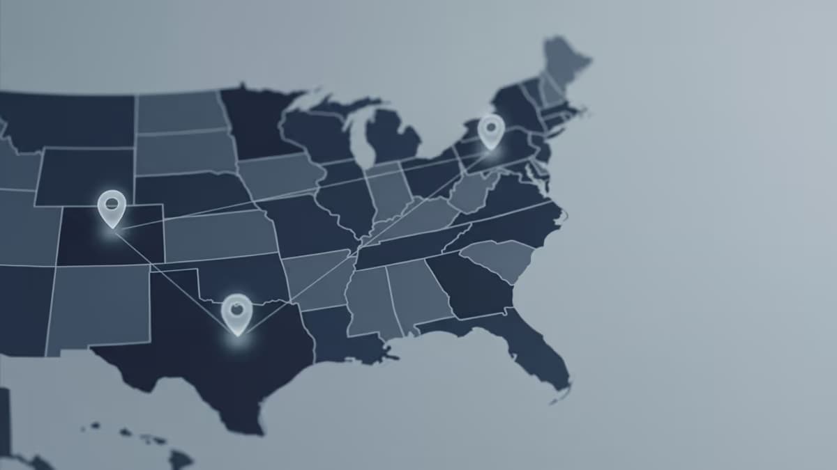 An abstract map of the United States with three location markers representing the formation state, operating state, and business address state for an LLC