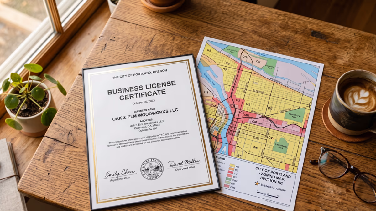 A business license certificate and a city zoning map laid out on a wooden desk beside a coffee cup and reading glasses, suggesting compliance review for a virtual address business license application