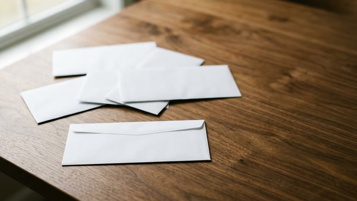 A few plain business envelopes on a wooden table in soft light, one turned face-down, representing mail that was returned undeliverable