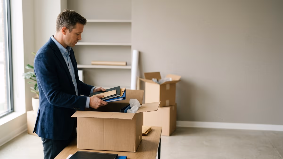Business professional packing folders and mail into a cardboard box in a nearly empty office, representing closing or relocating a business and redirecting its mail