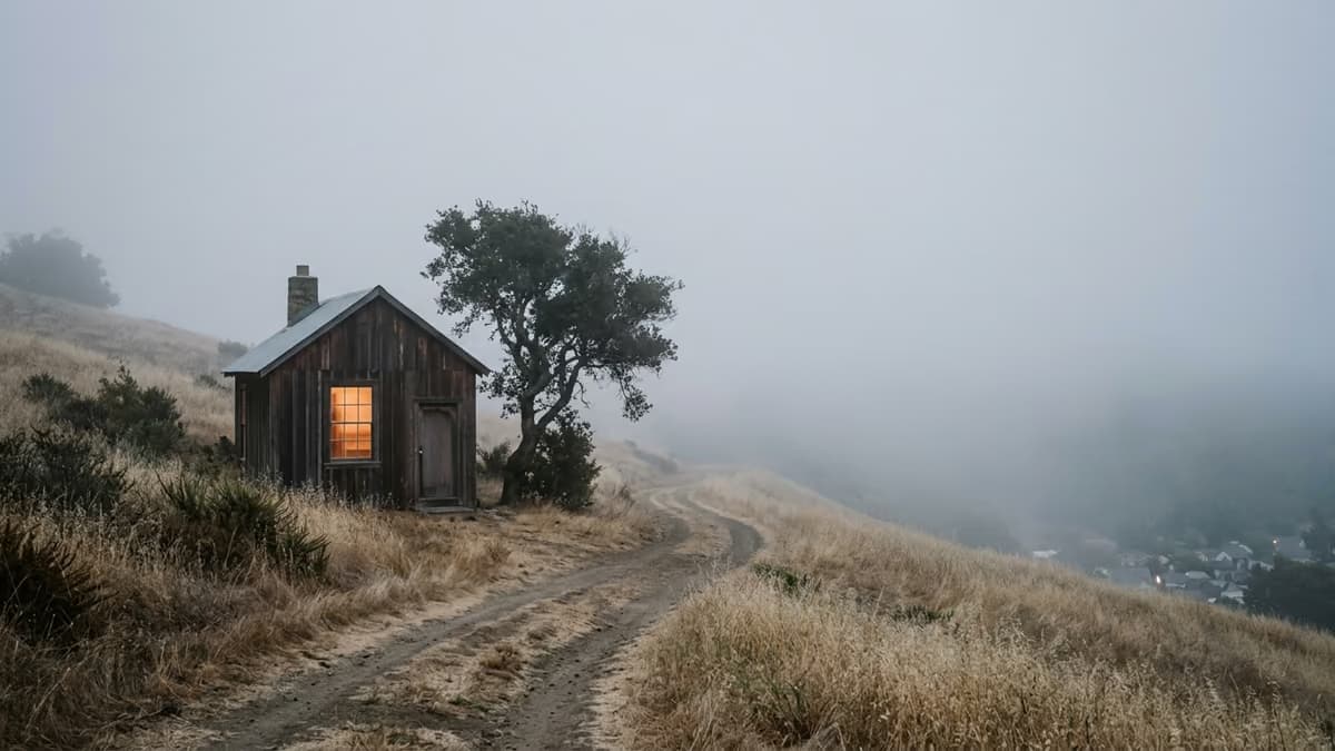 A small artist's studio with one warm lit window standing alone on a fog-covered California hillside, with an unmarked dirt track fading toward a distant valley town