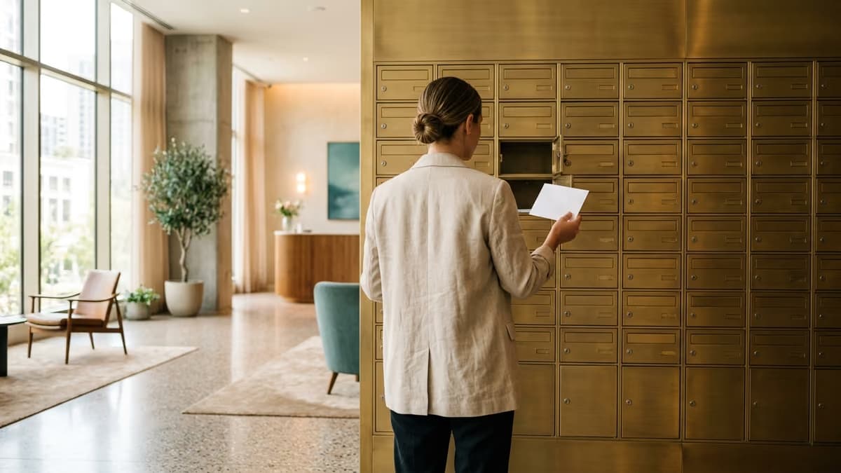 A woman seen from behind collecting an envelope from a wall of brass mailboxes in a bright building lobby, with morning light from a tall window
