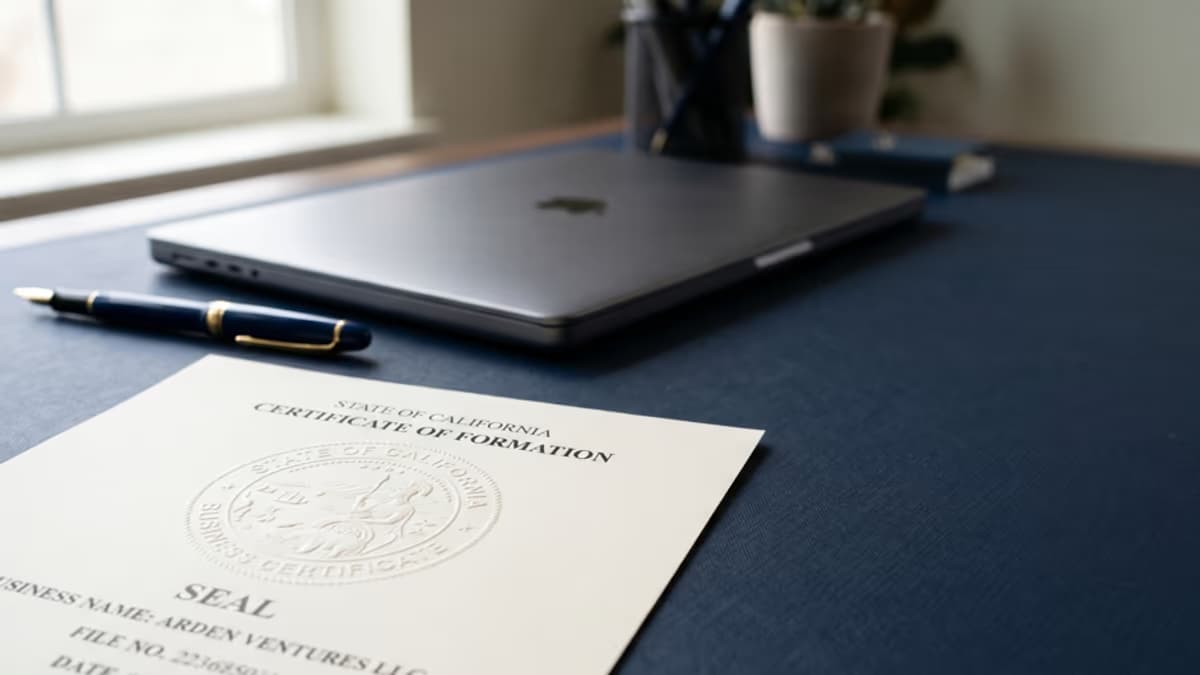 An embossed state seal pressed onto a Certificate of Good Standing document on a navy desk next to a fountain pen and a laptop showing a Secretary of State portal
