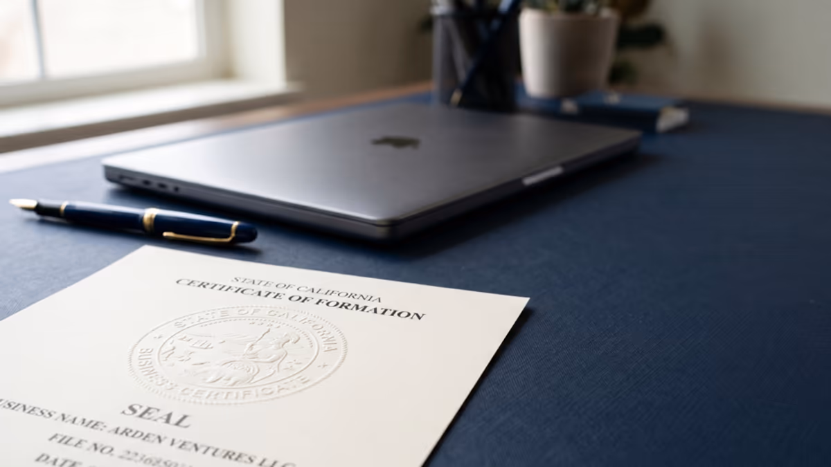 An embossed state seal pressed onto a Certificate of Good Standing document on a navy desk next to a fountain pen and a laptop showing a Secretary of State portal
