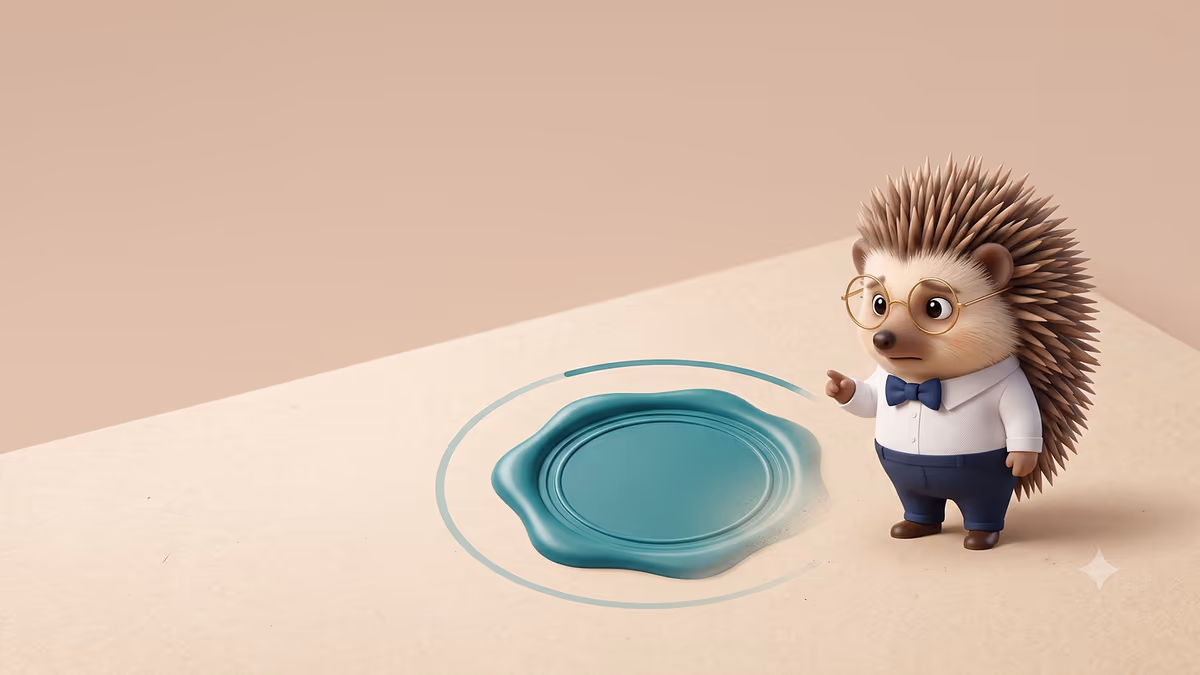 Henry the hedgehog in glasses and a bow tie looking down at a teal wax seal stamped on paper, representing a state Certificate of Good Standing