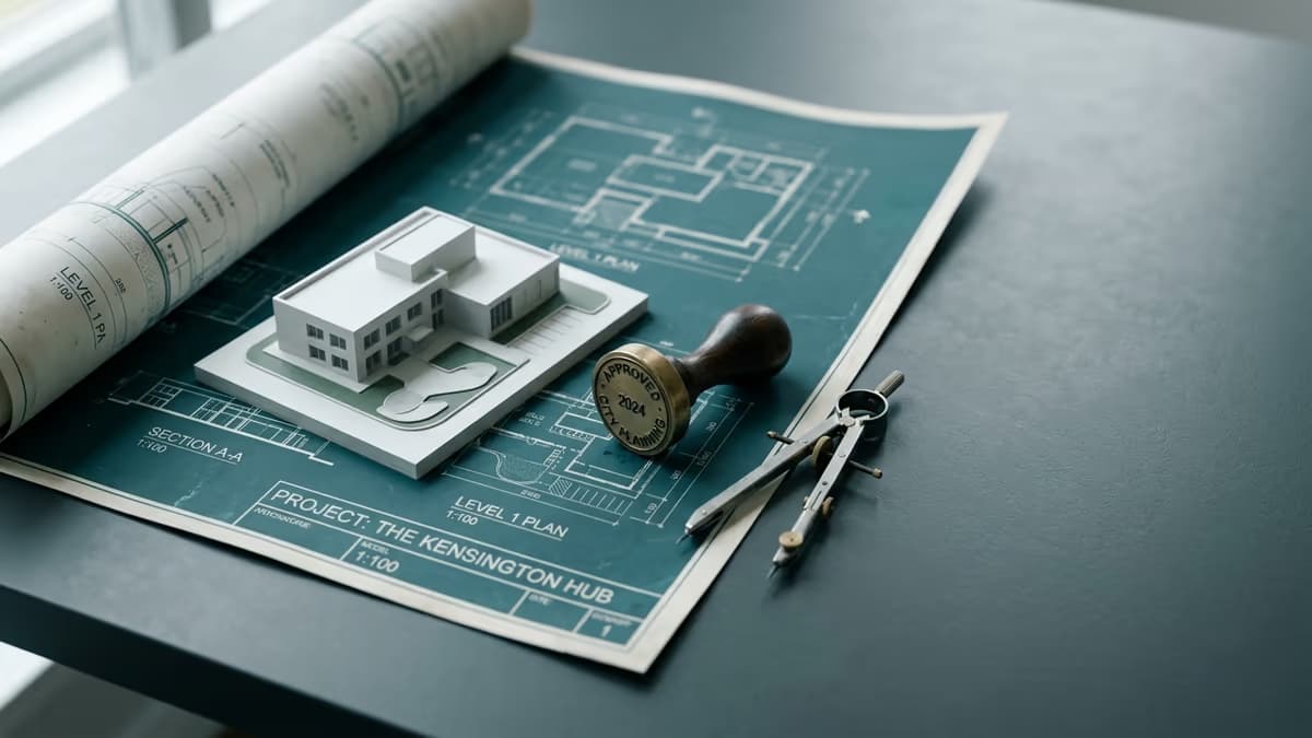 Architectural blueprint, building model, and official stamp representing occupancy certification for a virtual office