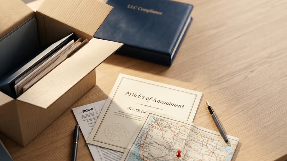 A folded moving box, a US state map with a relocation arrow, and an Articles of Amendment document on a desk under warm light, suggesting a US LLC business address change