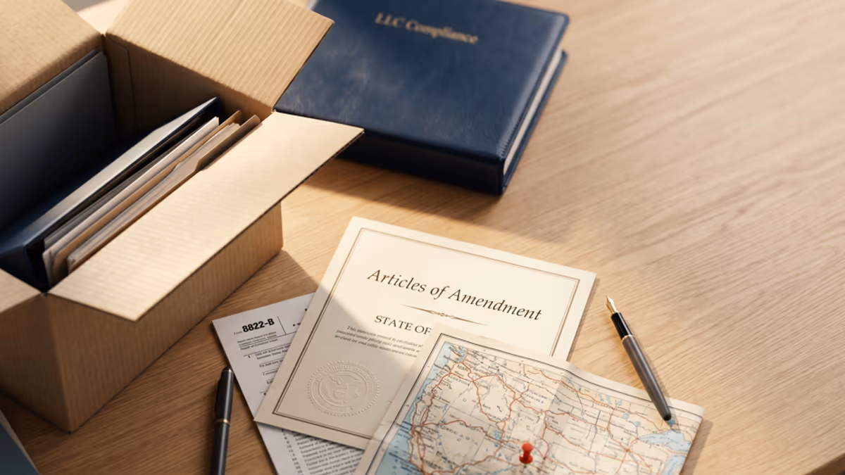 A folded moving box, a US state map with a relocation arrow, and an Articles of Amendment document on a desk under warm light, suggesting a US LLC business address change