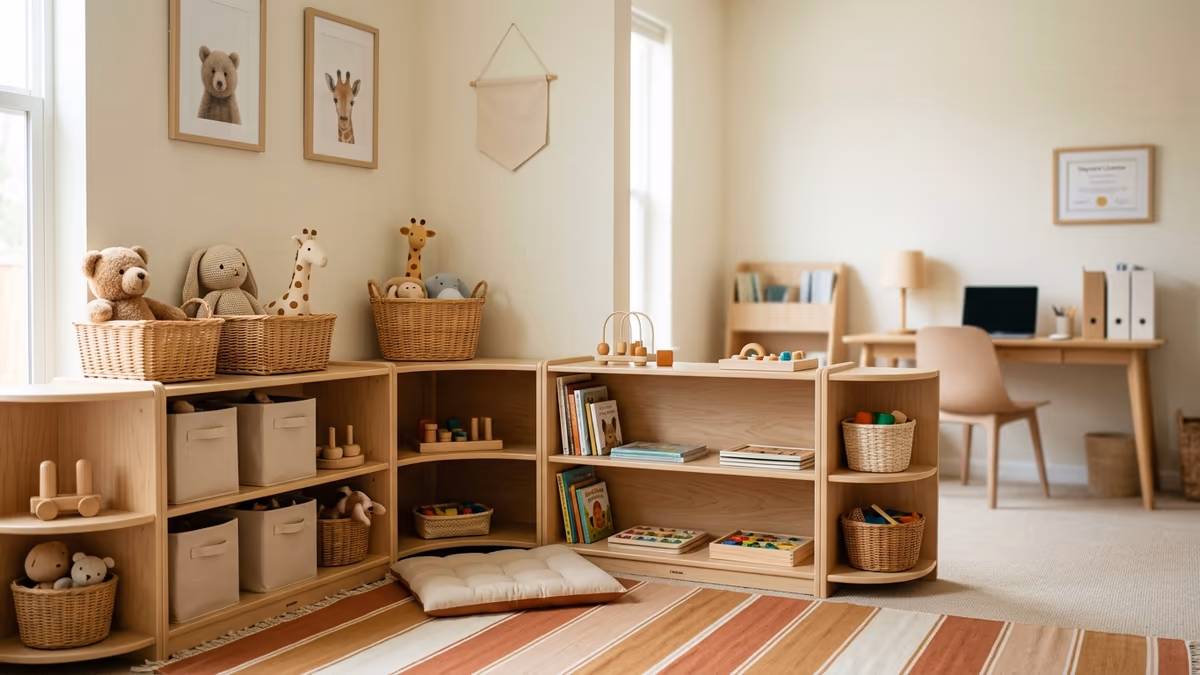 Bright, child-safe daycare playroom corner with low shelves of toys beside a small office nook