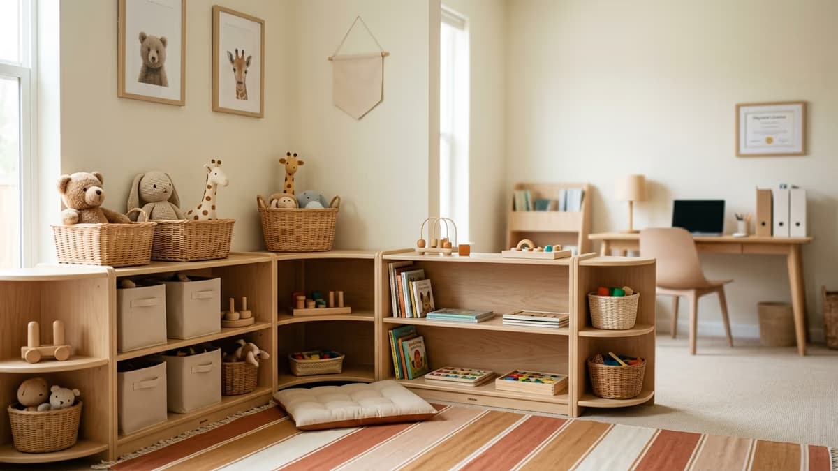 Bright, child-safe daycare playroom corner with low shelves of toys beside a small office nook