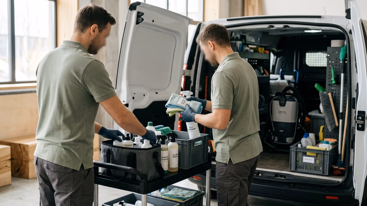 Cleaning service professionals organizing equipment for mobile work at client locations, shown from behind