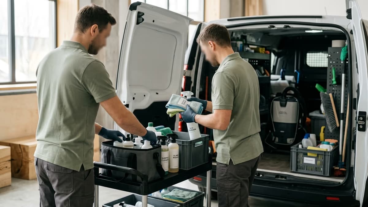 Cleaning service professionals organizing equipment for mobile work at client locations, shown from behind