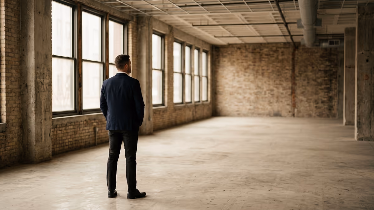 A business professional standing with their back to the camera, looking into an empty bare commercial office space awaiting build-out