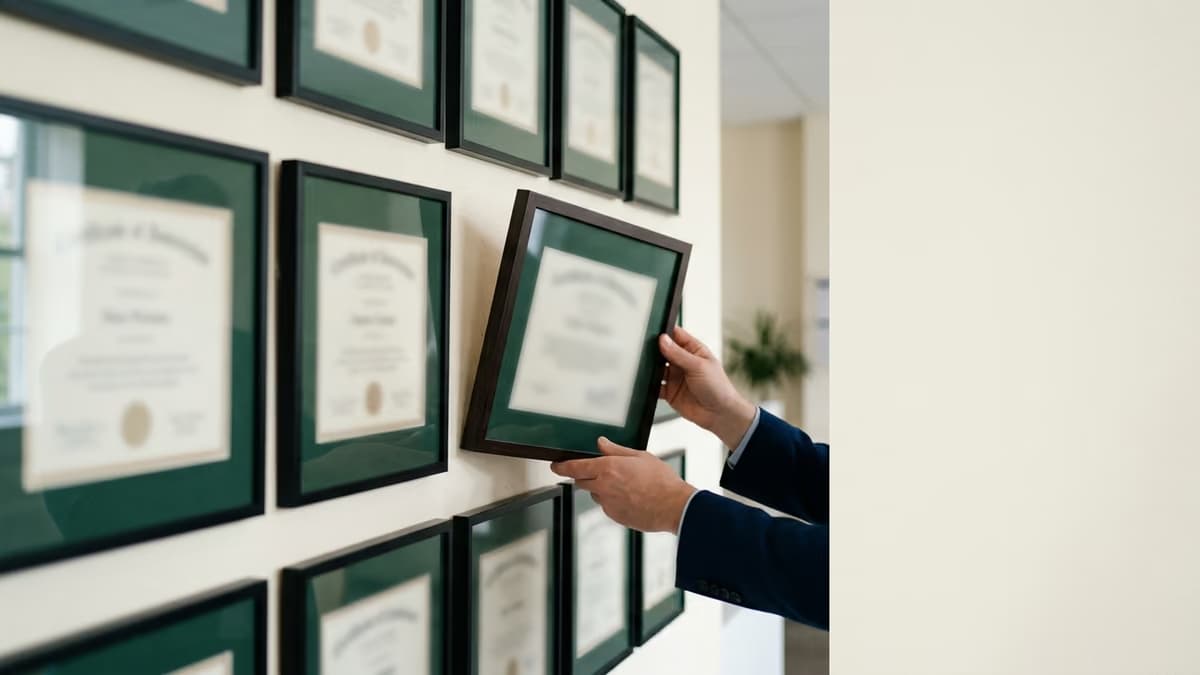 Business professional straightening one of several framed training certificates hung in a grid on a bright office wall