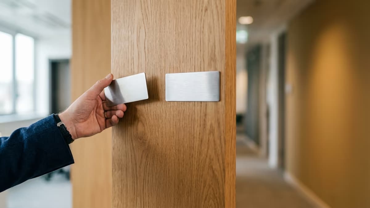 A hand removing one of two blank name plates from an office door, leaving a single plate in place