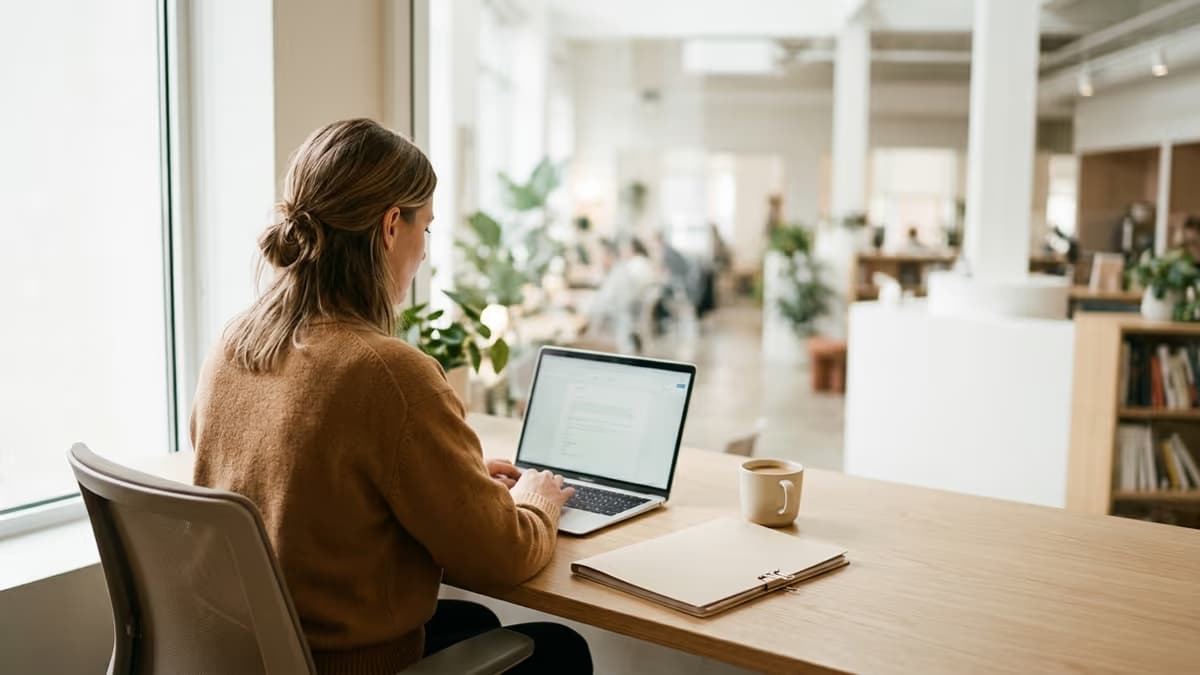 A small-business owner working at a bright modern desk with a laptop and a single document folder, representing a sole proprietor forming an LLC