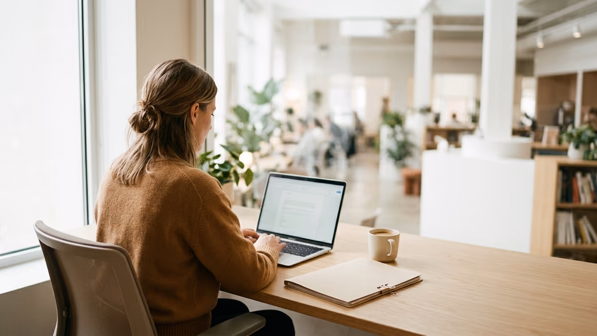 A small-business owner working at a bright modern desk with a laptop and a single document folder, representing a sole proprietor forming an LLC