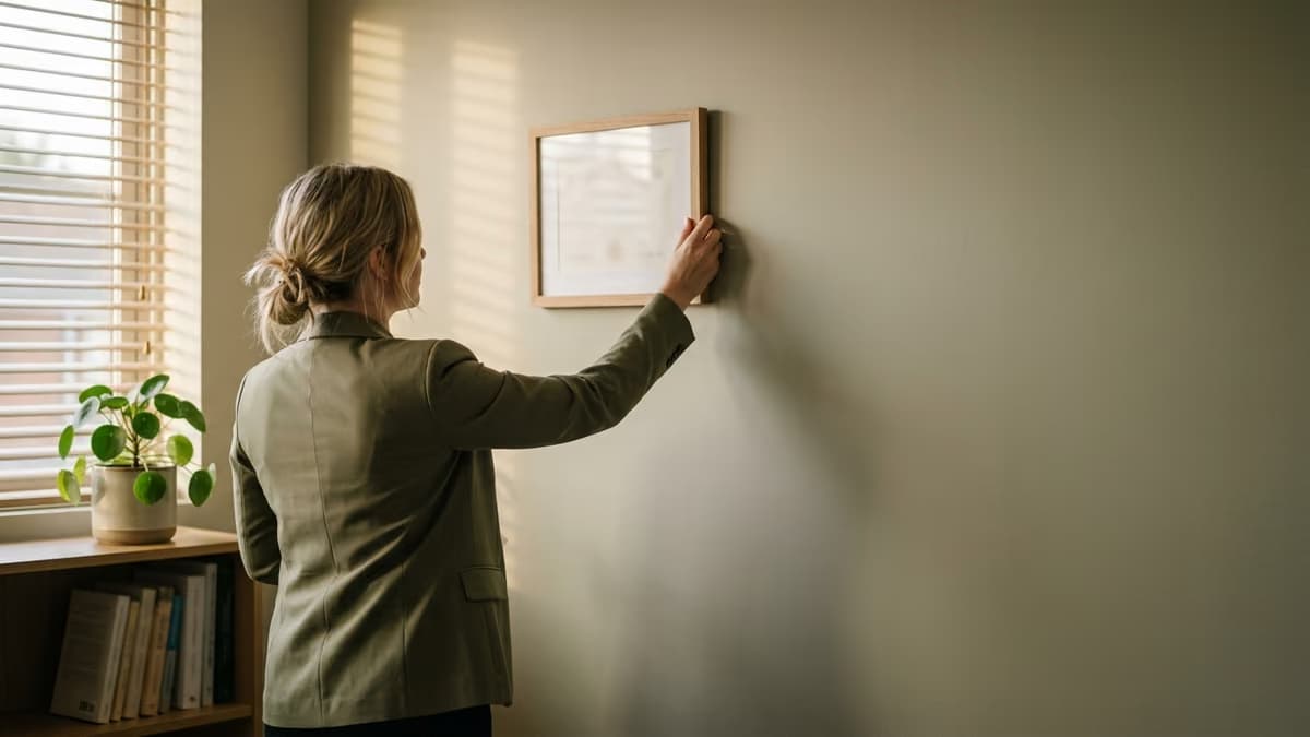 An accountant seen from behind hanging a framed certificate on the wall of a small, sunlit professional office