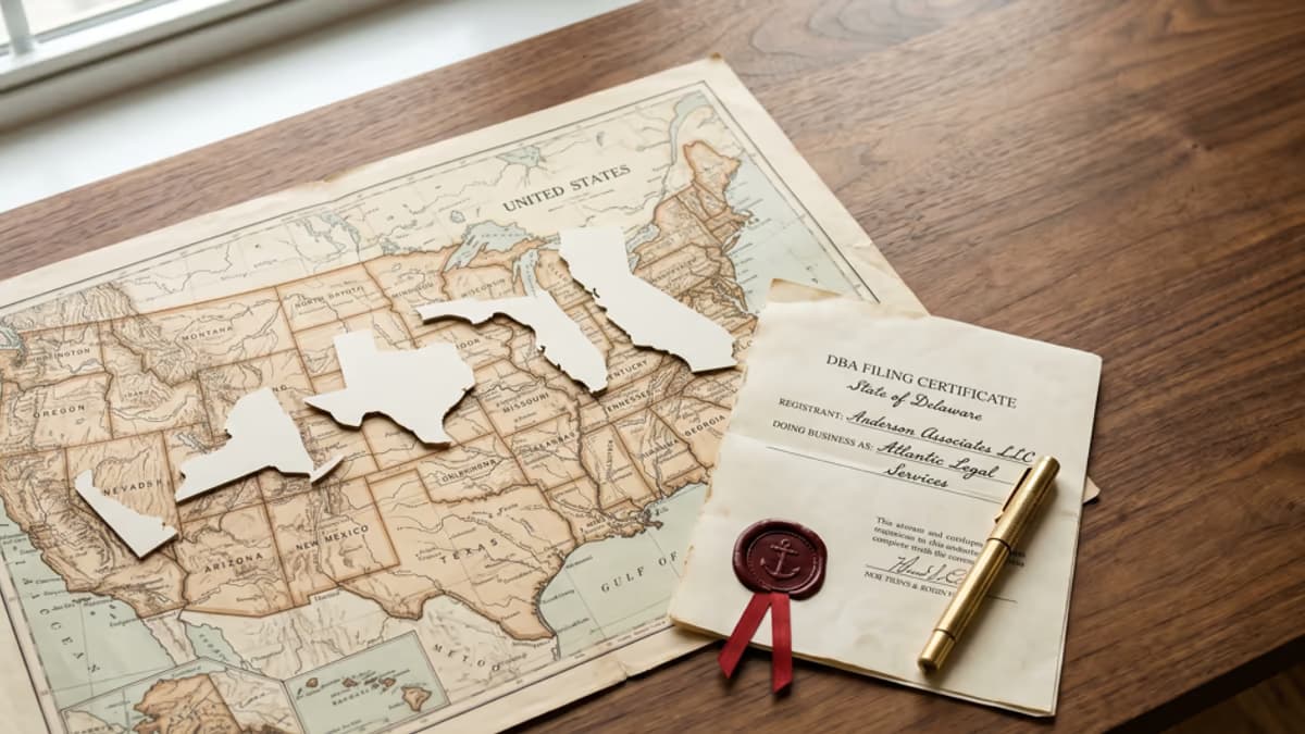 A US map highlighting California, New York, Texas, Florida, and Delaware with a DBA filing certificate, a fountain pen, and a coffee cup on a wooden desk