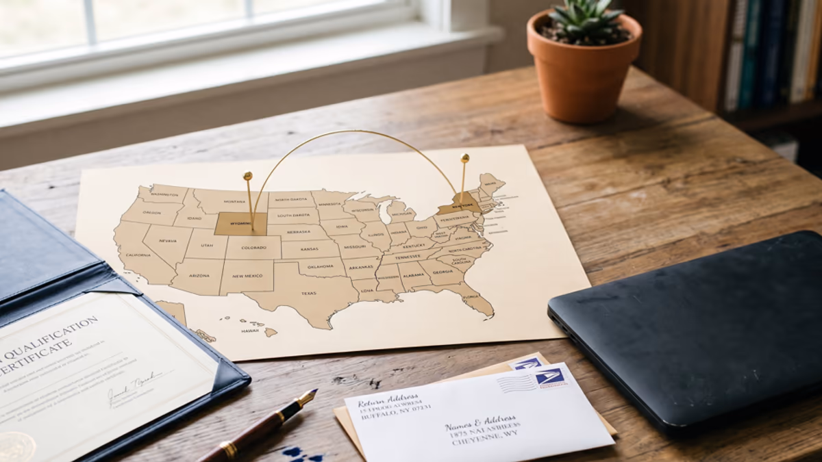 A US map with arrows connecting Wyoming and New York, a foreign qualification certificate, and a DBA filing form on a wooden desk next to a laptop