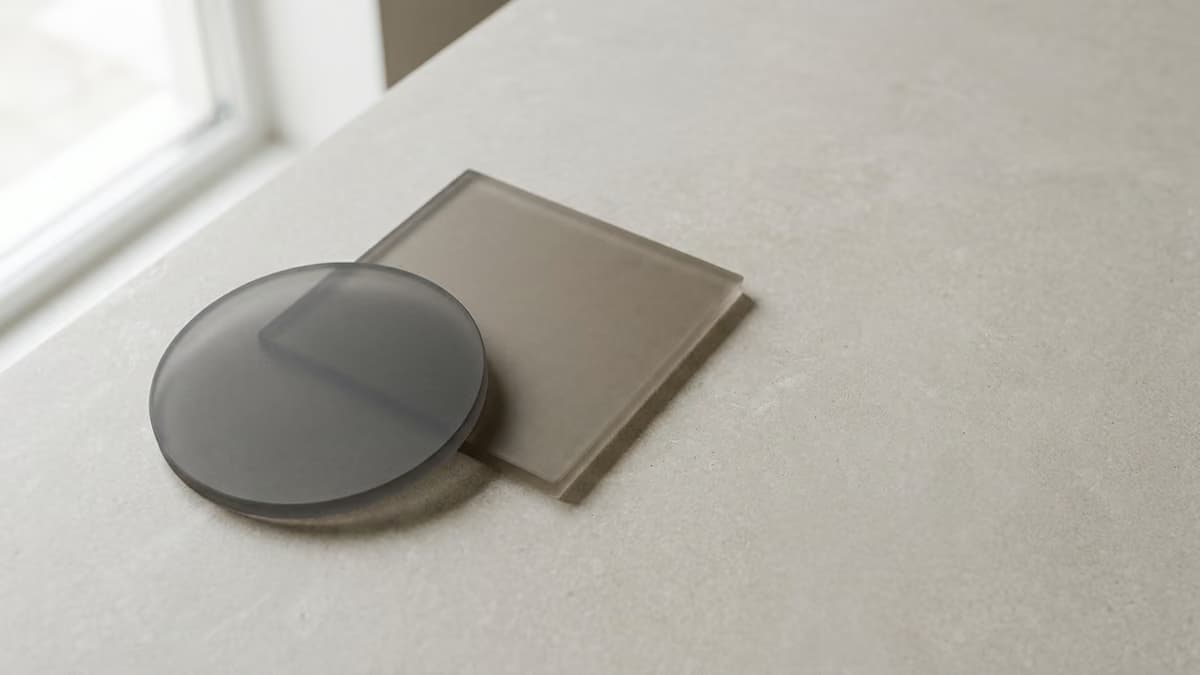 A frosted glass circle and a frosted glass square overlapping on a pale surface, casting soft shadows