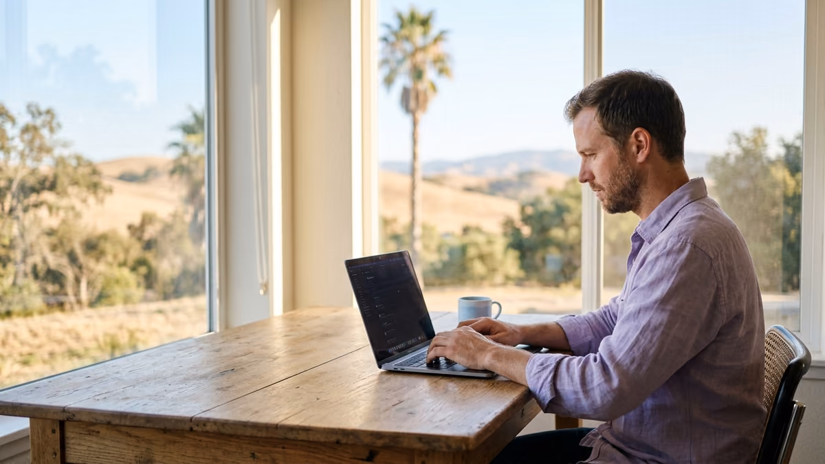 A founder working on a laptop at a bright desk with California hills visible through the window