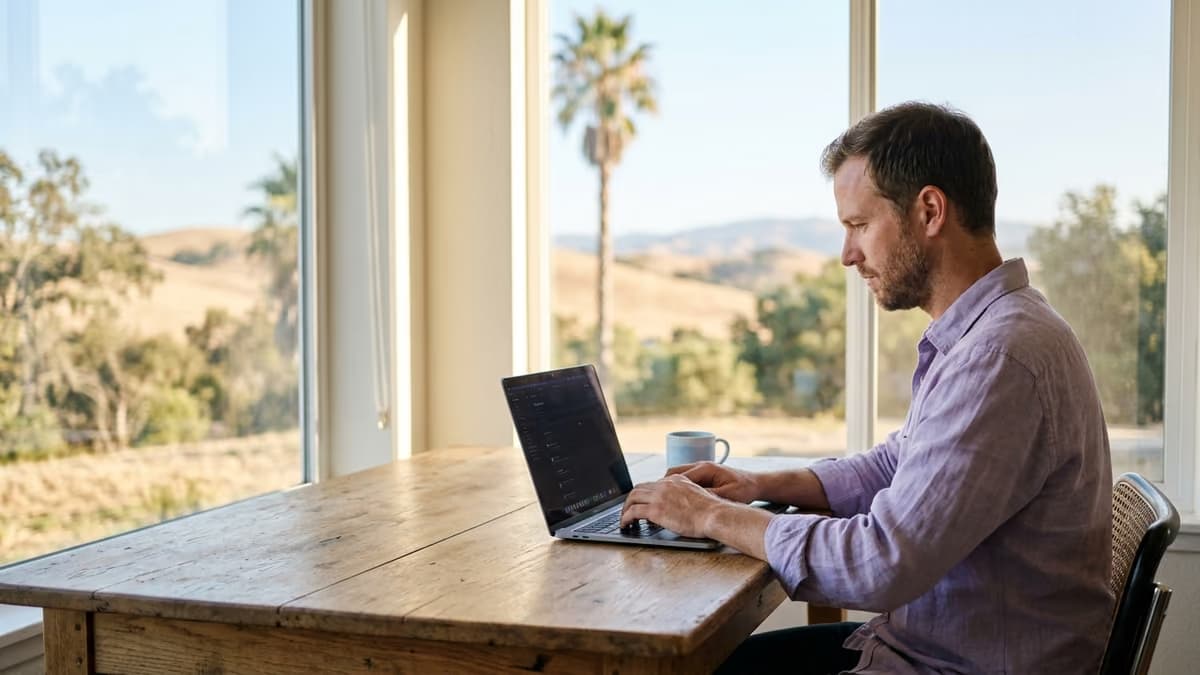 A founder working on a laptop at a bright desk with California hills visible through the window