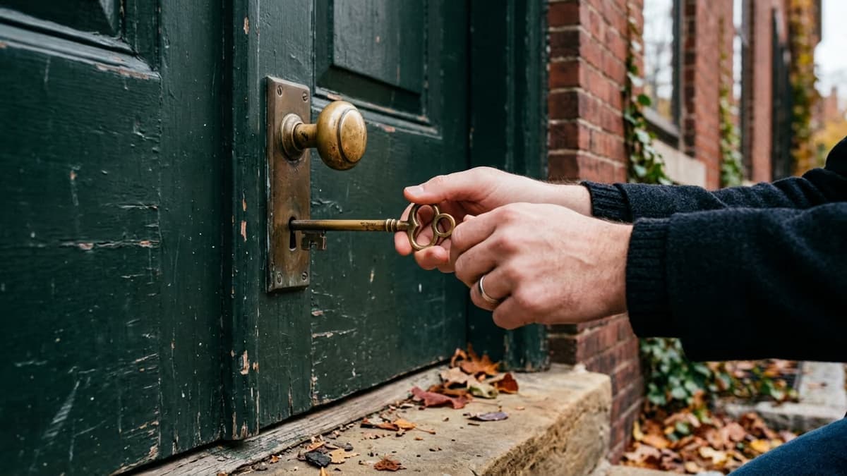 Close-up of hands turning a brass key in the lock of a painted wooden door on an old brick building