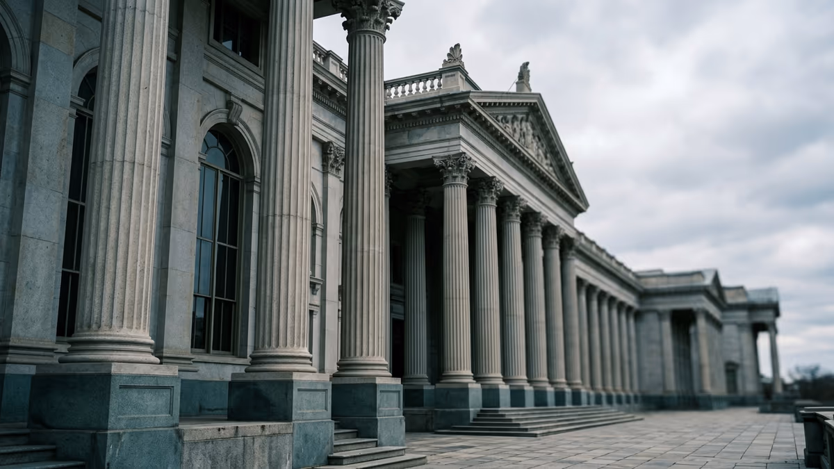 Classical government building facade with stone columns representing state annual franchise tax compliance