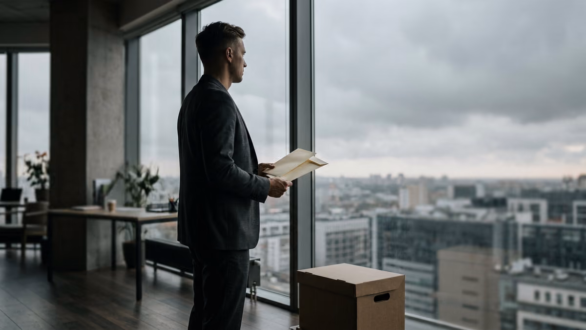 A business professional standing in profile at an office window holding two plain sealed envelopes, with a closed archive box on the floor beside them