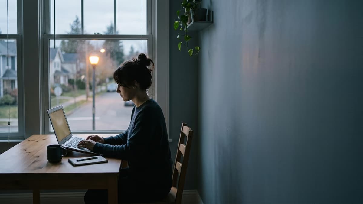 A creator working at a laptop by a tall window in a quiet home studio, seen in profile, with a residential street and a glowing street lamp visible outside at dusk