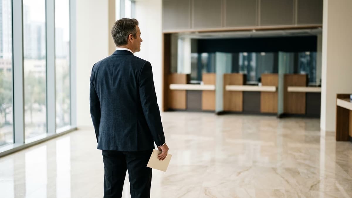 Person seen from behind holding a small envelope in a bright, quiet bank lobby with marble floors