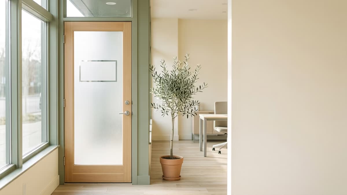A bright small office interior looking toward a frosted-glass entrance door with a blank panel where an address marker would go, a potted olive tree beside it and morning light coming through the glass
