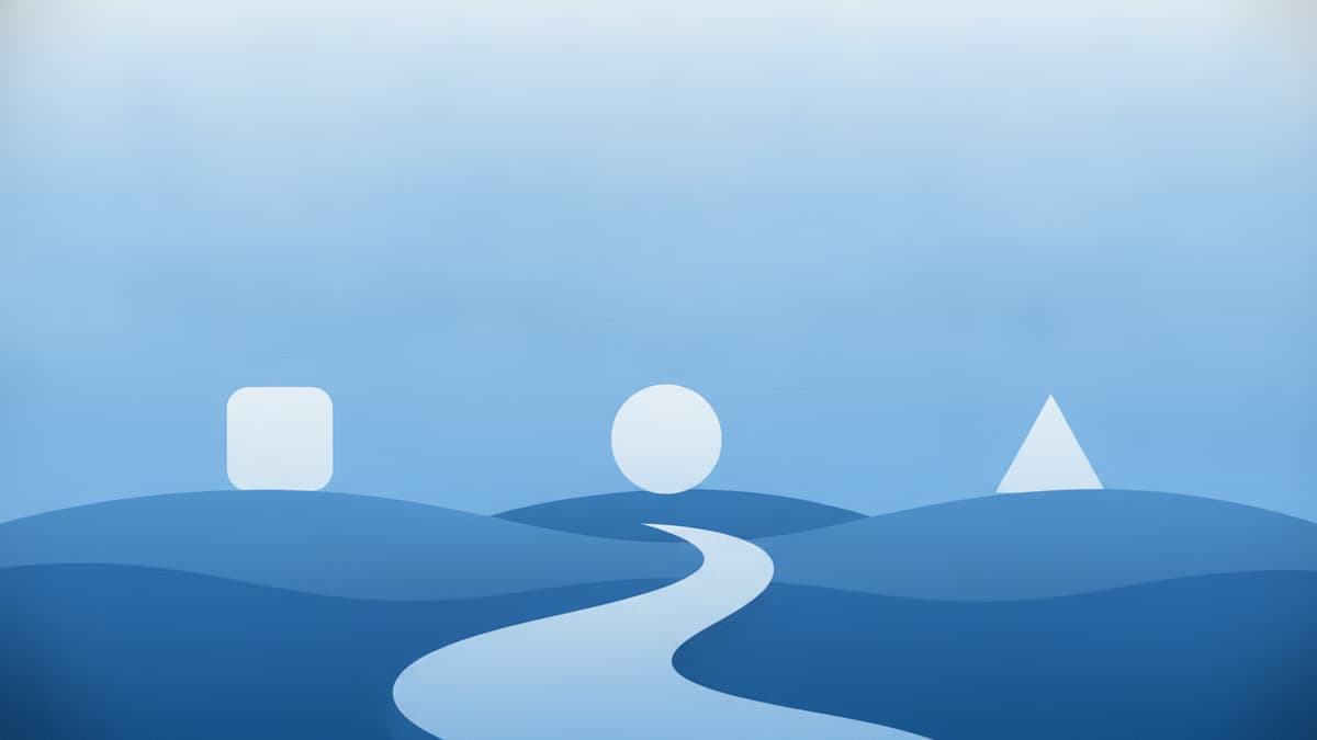 A pale square, circle, and triangle resting on rolling blue hills with a winding path between them, suggesting three separate destinations that a single search lumps together