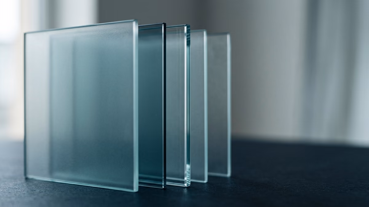 Abstract editorial composition of overlapping translucent glass panels in cool blue light, one panel polished clear so the layers behind it show through, generous negative space