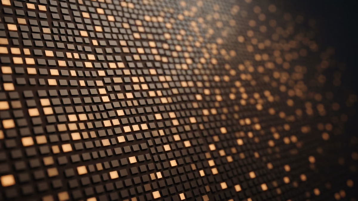 Abstract grid of thousands of tiny tiles, most glowing amber, visualizing public LLC filing records where most addresses stay exposed