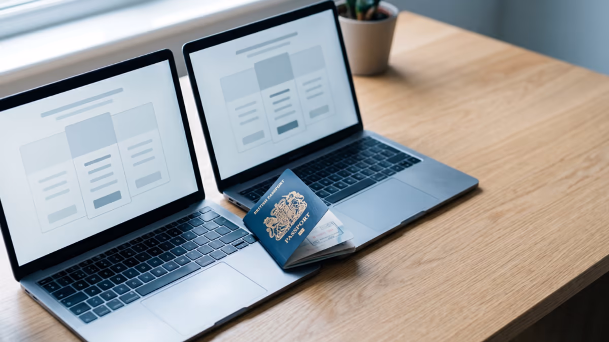 Two open laptops side by side on a wide oak desk, both displaying minimal pricing pages, with a folded passport and a US visa stamp tucked between them under cool morning window light, editorial overhead composition