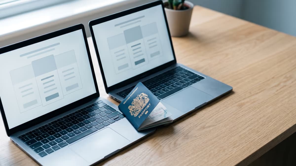 Two open laptops side by side on a wide oak desk, both displaying minimal pricing pages, with a folded passport and a US visa stamp tucked between them under cool morning window light, editorial overhead composition