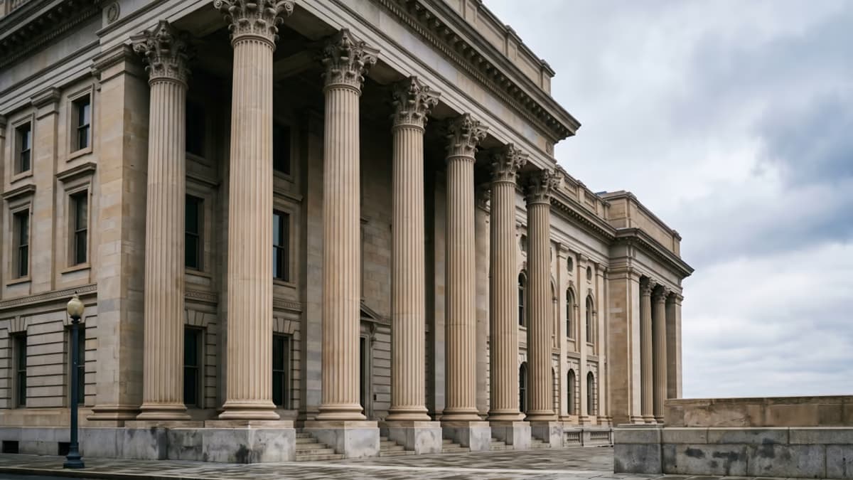 A neoclassical federal government building facade with stone columns viewed from a low angle, soft overcast sky filling the negative space, achromatic gray and stone palette