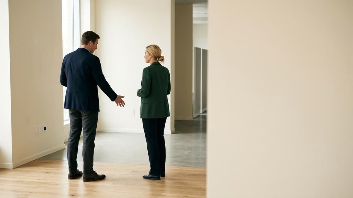 Two business professionals standing in conversation in a sparsely furnished corner of a modern office, seen from behind, representing a small employer with no dedicated hiring site