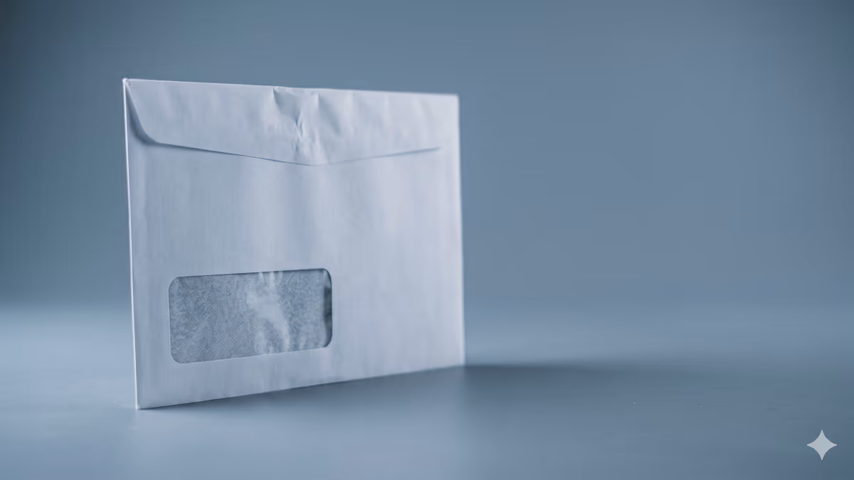 A single sealed official US government window envelope standing upright against a clean cool-blue backdrop, macro shot with a soft shadow, editorial composition with negative space on the right