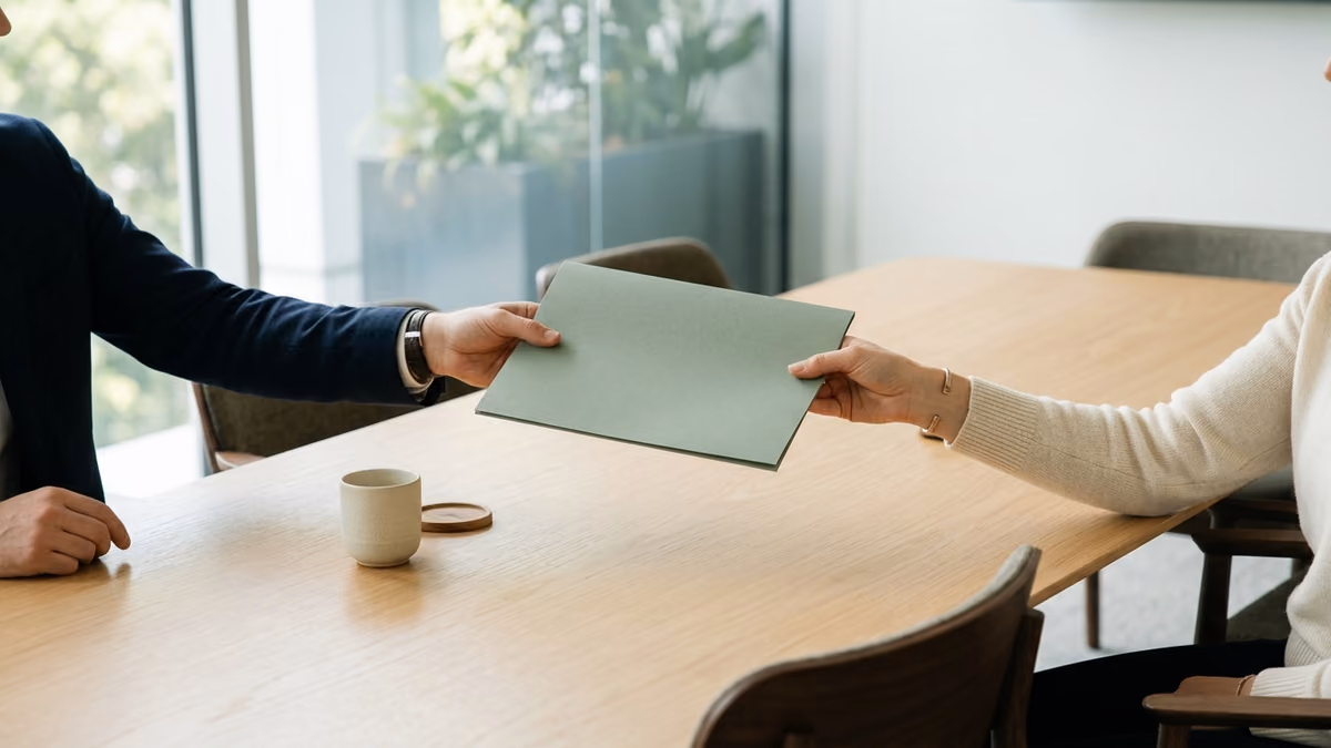 Business professional handing a closed document folder to a client across a meeting table